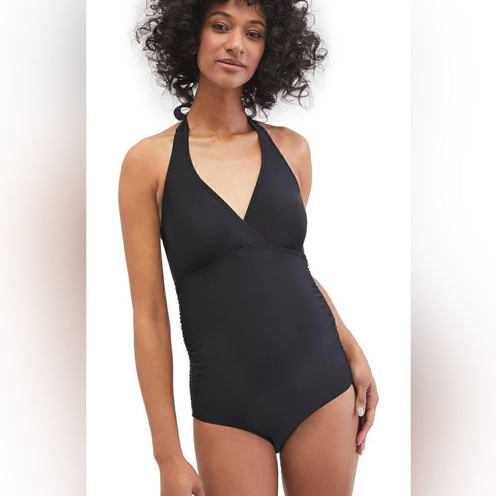 NWT Beach Bump Maternity One Piece Swimsuit Black Halter Smocked Sides - Size M - Picture 3 of 9